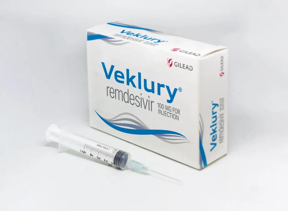 Remdesivir A box of Gilead Veklury (remdesivir) 100 mg for injection, with a syringe.