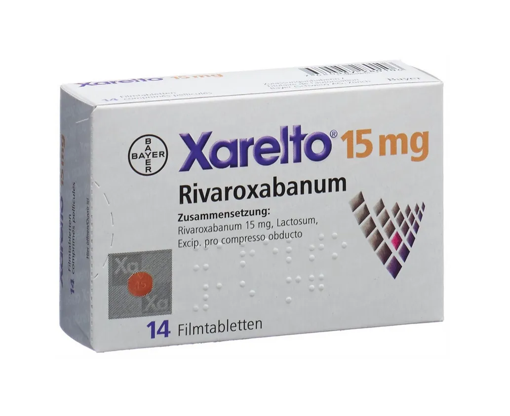 Rivaroxaban A box of Bayer Xarelto (Rivaroxabanum) 15 mg film-coated tablets, containing 14 tablets.