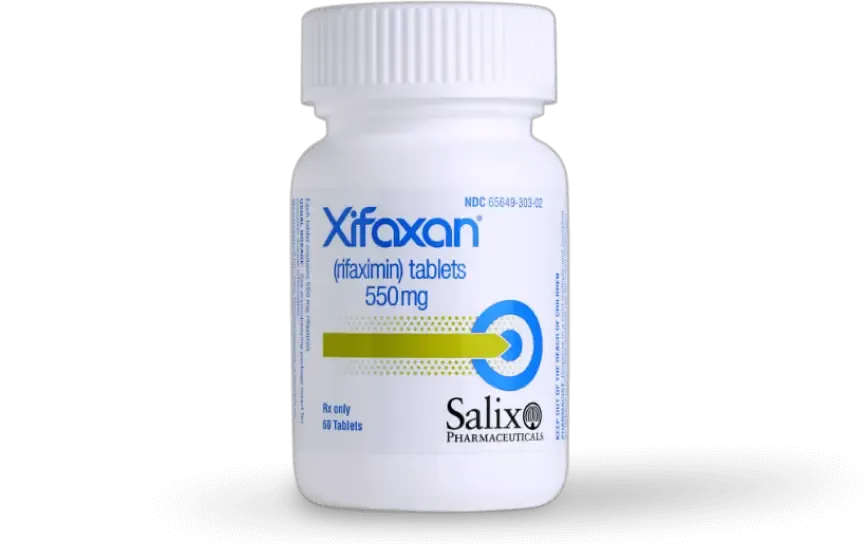 Rifaximin A bottle of Salix Pharmaceuticals Xifaxan (rifaximin) tablets 550 mg, containing 60 tablets.