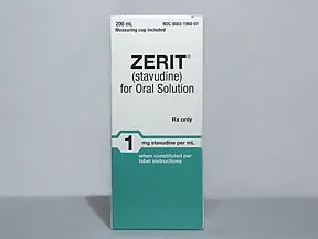 A box of Zerit (stavudine) for oral solution, 200 mL, 1 mg per mL.
