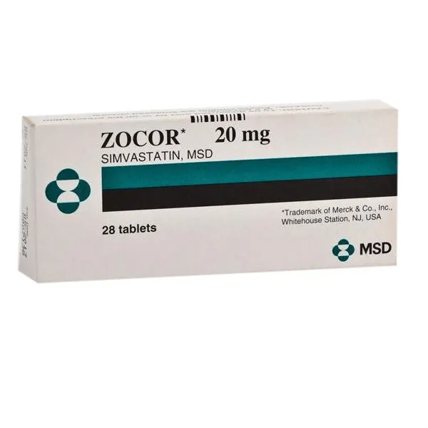 Simvastatin A box of MSD Zocor 20 mg tablets (Simvastatin), containing 28 tablets.