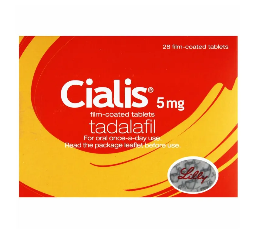 Front view of a box of Cialis film-coated tablets, containing 28 tablets of 5mg Tadalafil.