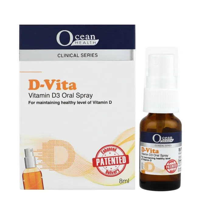 Vitamin D A box and bottle of Ocean Health D-Vita Vitamin D3 Oral Spray.