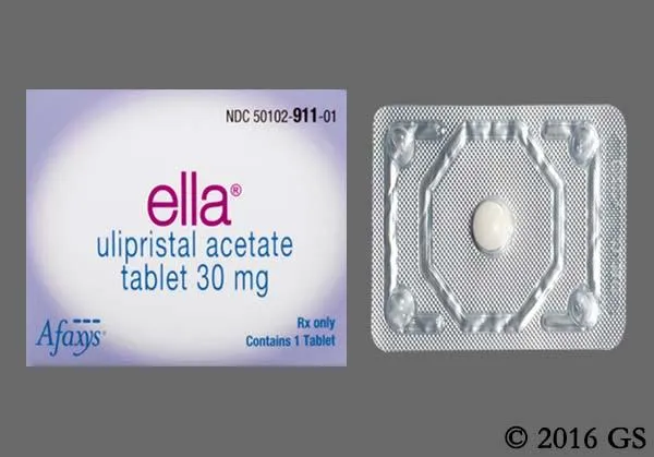 Ulipristal acetate The packaging and a single blister-packed tablet of ella (ulipristal acetate) 30 mg.