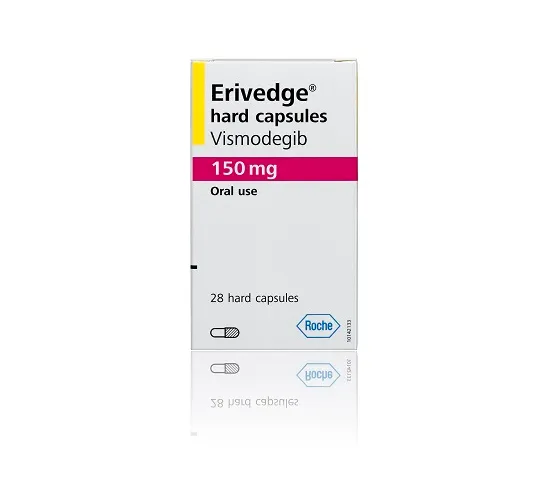 Vismodegib A box of Erivedge hard capsules, 150 mg, with the active ingredient Vismodegib, from Roche.