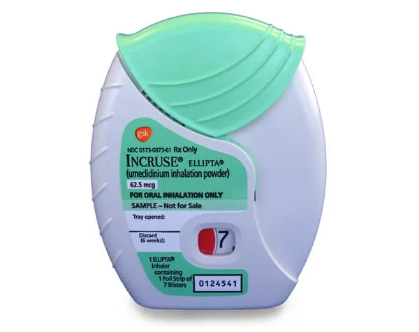 Umeclidinium An Incruse Ellipta inhaler containing umeclidinium inhalation powder, 62.5 mcg, from GSK.
