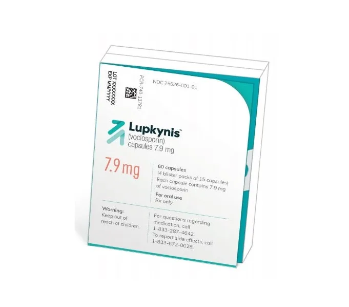 Voclosporin A box of Lupkynis (voclosporin) capsules, 7.9 mg, containing 60 capsules.