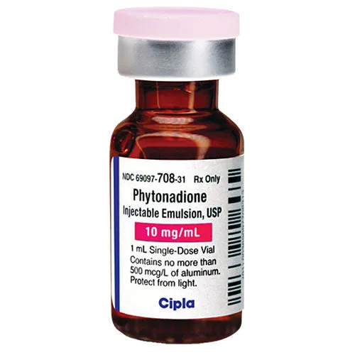 Vitamin K A single-dose vial of Phytonadione Injectable Emulsion, 10 mg/mL, from Cipla.