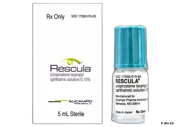 Unoprostone A box and vial of Rescula (unoprostone isopropyl ophthalmic solution) 0.15%.
