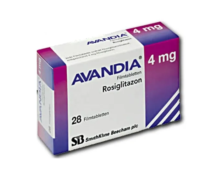 Rosiglitazone A box of Avandia 4 mg Rosiglitazone film-coated tablets containing 28 tablets, manufactured by SmithKline Beecham plc.