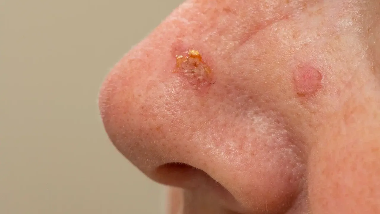 Squamous Cell Carcinoma Close-up of a squamous cell carcinoma lesion on the nose showing a crusted sore on sun-damaged skin.