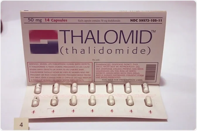A box of Thalomid 50 mg capsules (thalidomide) with a strong warning about severe birth defects.