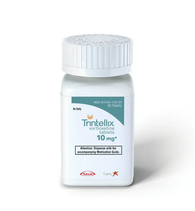 A bottle of Trintellix (vortioxetine) 10 mg tablets, manufactured by Takeda.