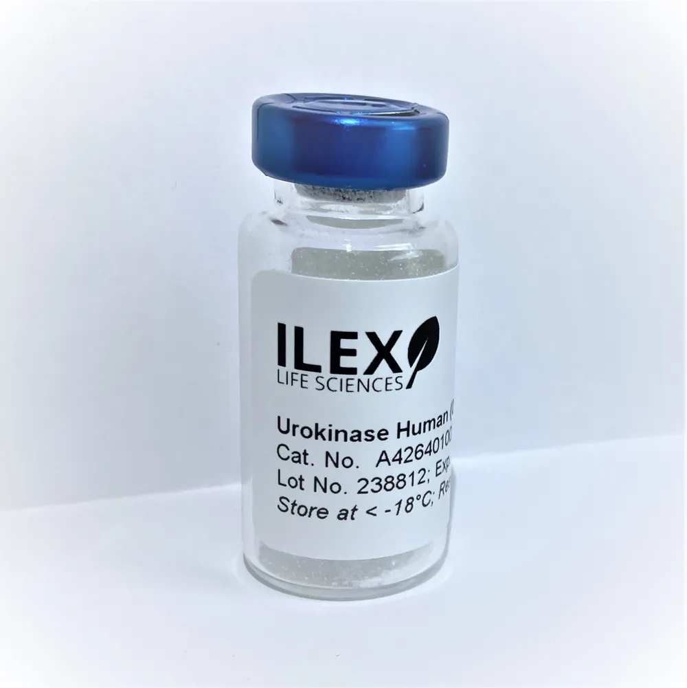 A vial of Urokinase Human from Ilex Life Sciences, a biochemical for research purposes.