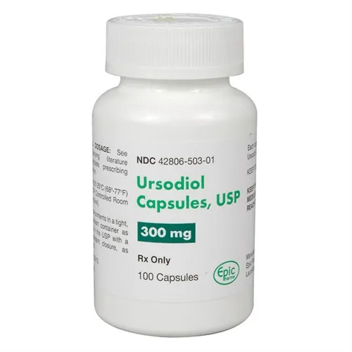 A white bottle of Ursodiol Capsules, 300 mg, from Epic Pharma.