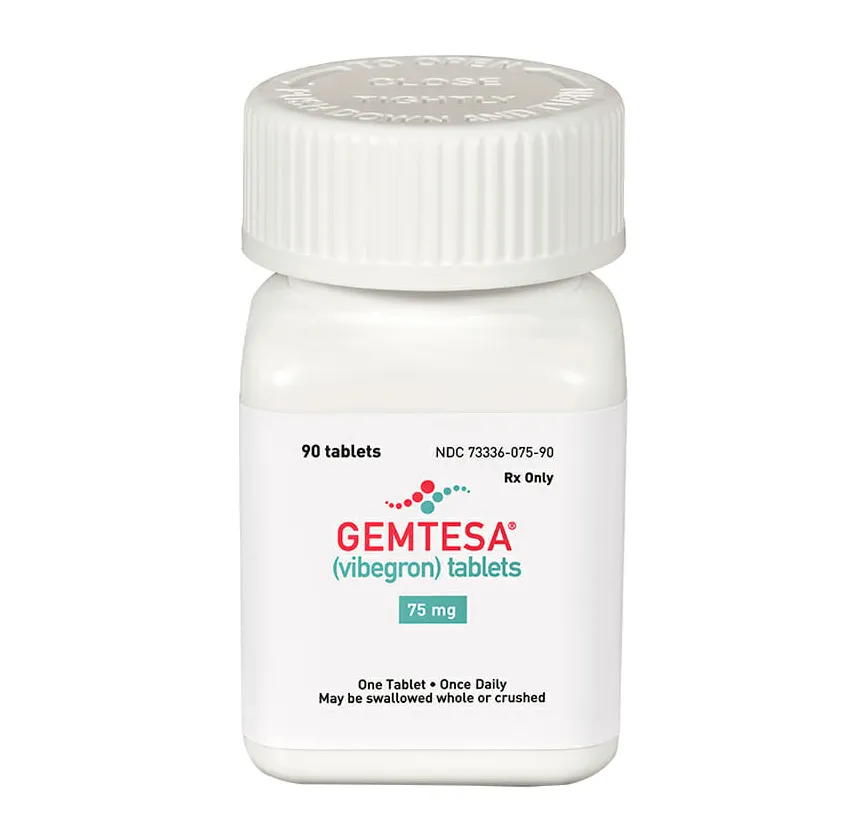 Gemtesa (vibegron) 75 mg tablets – medication used to treat overactive bladder with symptoms of urge urinary incontinence, urgency, and urinary frequency
