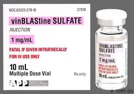 A box and vial of Vinblastine Sulfate Injection, 1 mg/mL.
