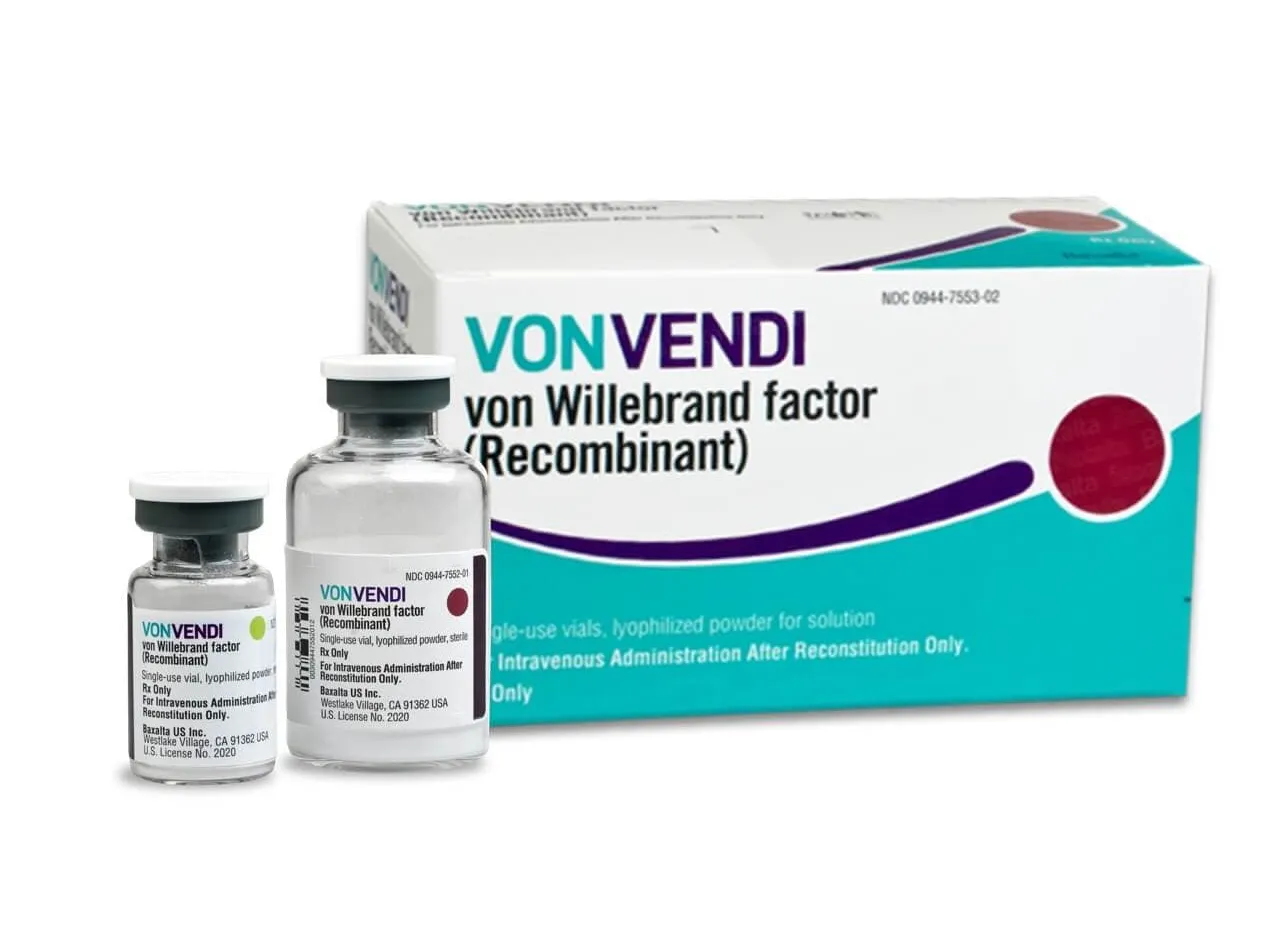A box and two vials of Vonvendi, a recombinant von Willebrand factor (Vonicog alfa).