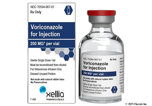 A box and vial of Voriconazole 200 mg for injection, manufactured by Xellia Pharmaceuticals.