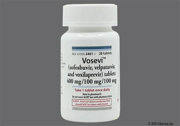 A bottle of Vosevi tablets, a combination medication containing sofosbuvir, velpatasvir, and voxilaprevir.