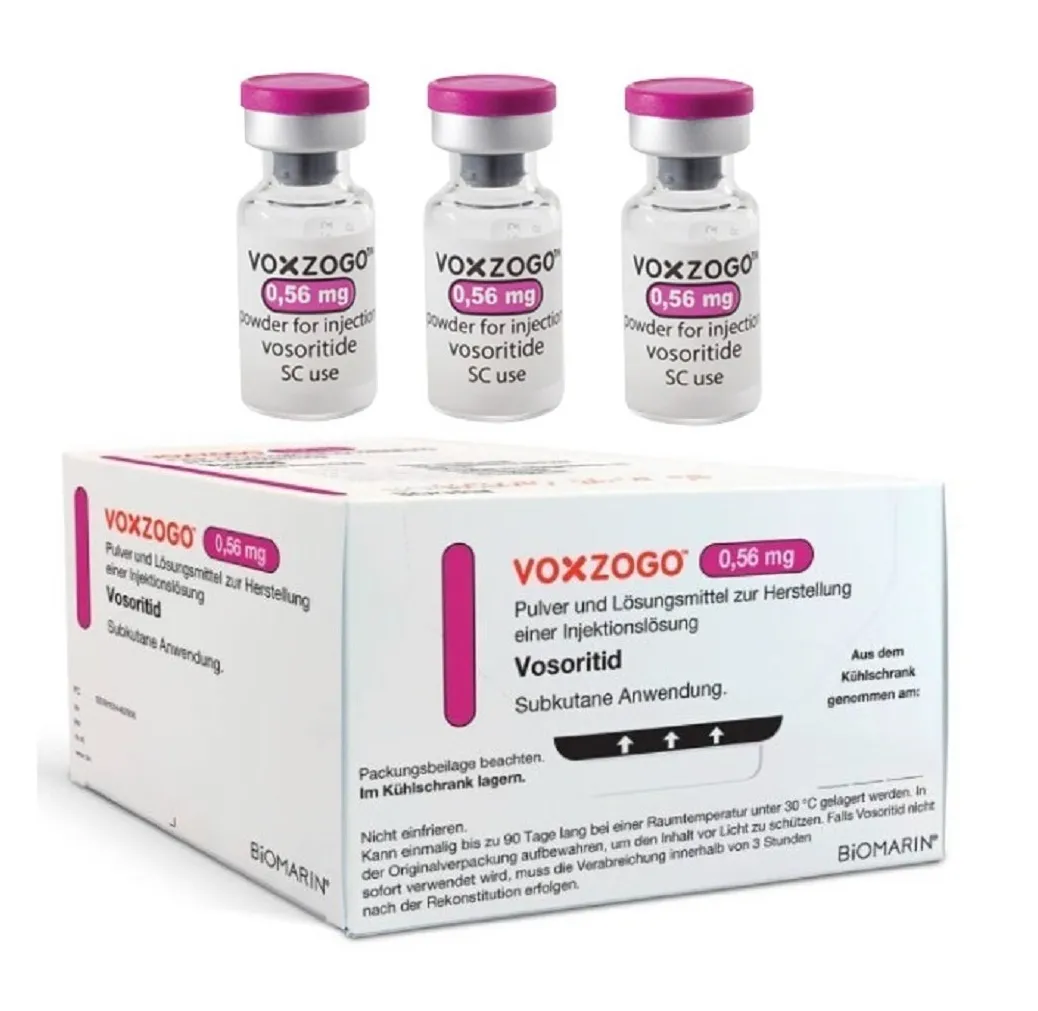 Vosoritide A box of Voxzogo (vosoritide) 0.56 mg powder for injection, with three individual vials shown.