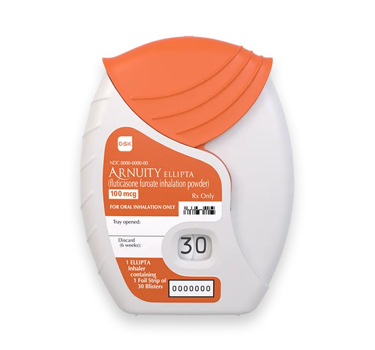 Arnuity Ellipta inhaler containing fluticasone furoate 100 mcg for asthma treatment