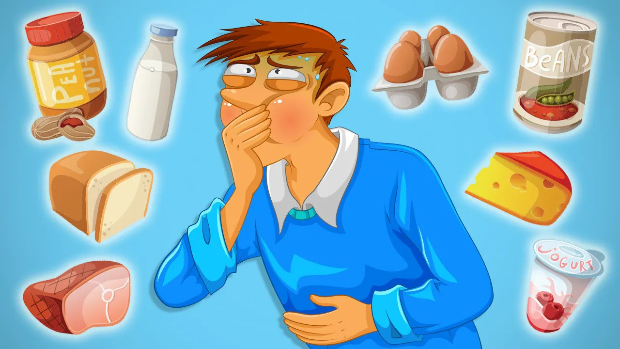 Illustration of a man experiencing food allergy symptoms after eating common allergenic foods like peanuts, milk, eggs, and cheese.