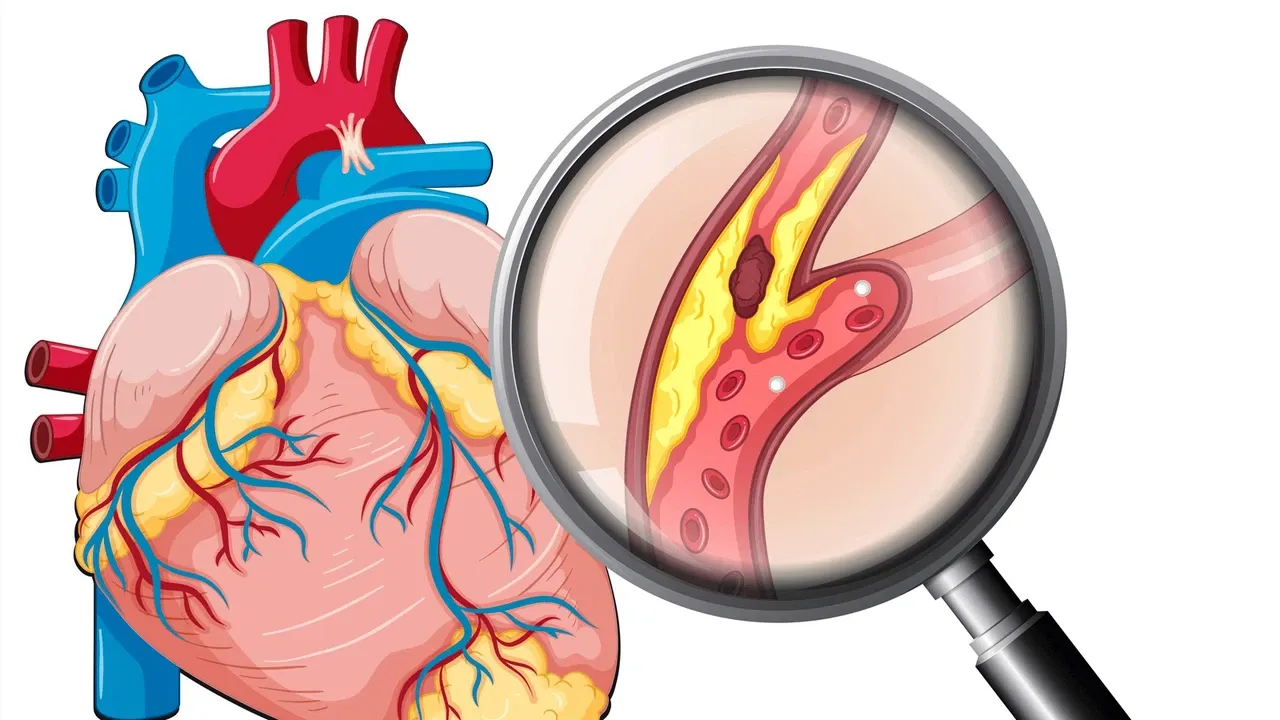 Illustration of heart and inflamed blood vessel showing blockage caused by eosinophilic vasculitis in Churg-Strauss syndrome