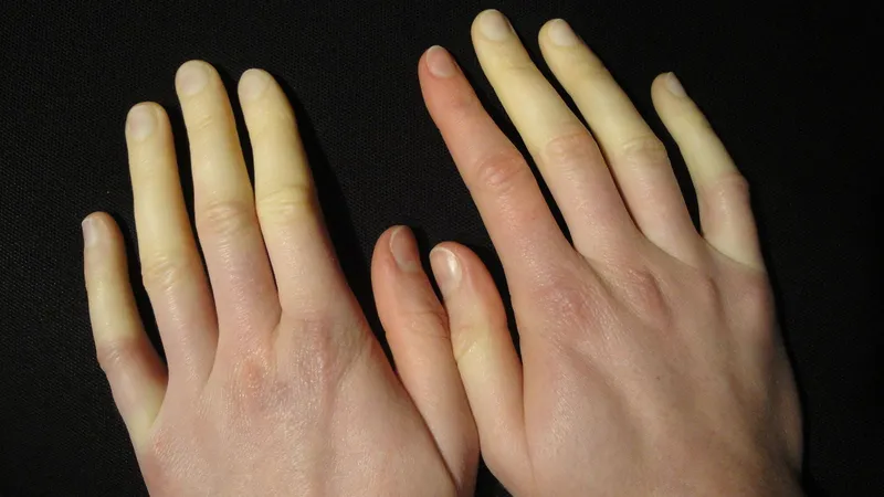 Hands showing Raynaud’s phenomenon with pale and discolored fingers due to poor blood circulation in scleroderma