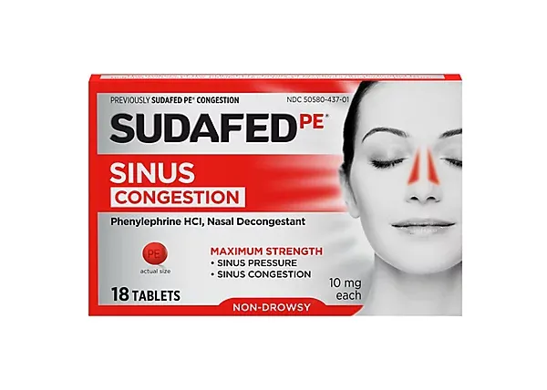 Sudafed PE Sinus Congestion tablets containing phenylephrine HCl for nasal decongestion