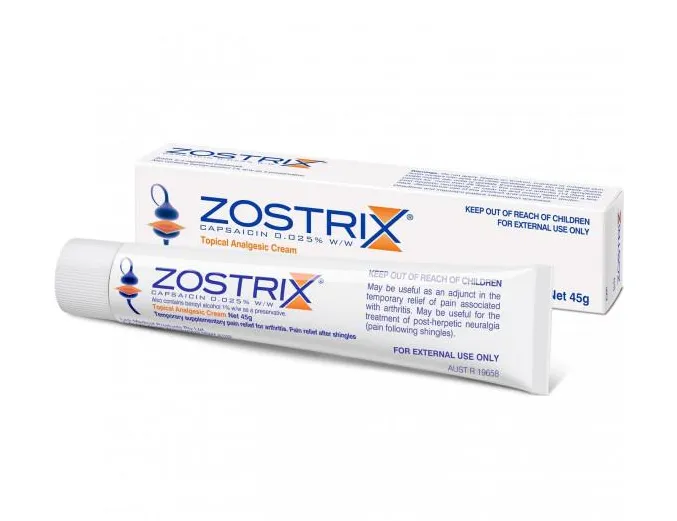 Zostrix capsaicin 0.025% topical analgesic cream 45g tube and box
