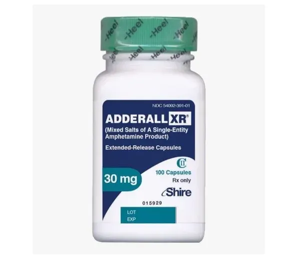 Adderall XR 30 mg extended-release amphetamine capsules bottle