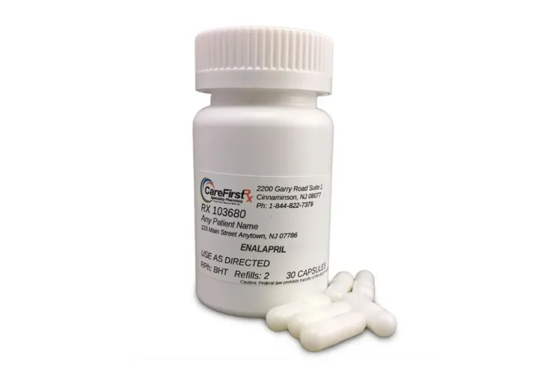 A bottle of CareFirst Enalapril capsules, containing 30 capsules, with prescription details for a patient.