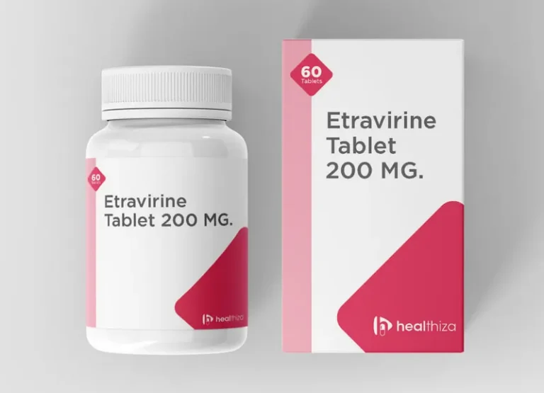 A bottle and a box of Healthiza Etravirine Tablet 200 mg, containing 60 tablets.