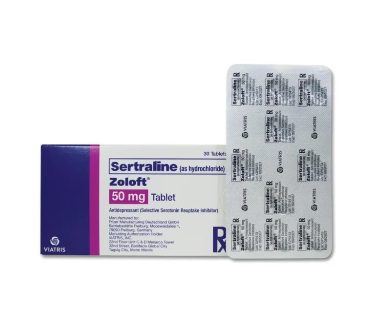A box and a blister pack of Viatris Zoloft (Sertraline) 50 mg tablets.