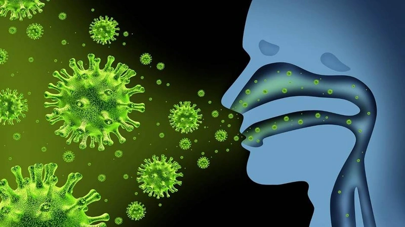 A 3D medical illustration showing green virus particles entering the upper respiratory tract and throat, causing viral tonsillitis